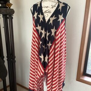 Unity World Wear Red White & Blue Stars Open Fringe Cardigan Shawl 🇺🇸